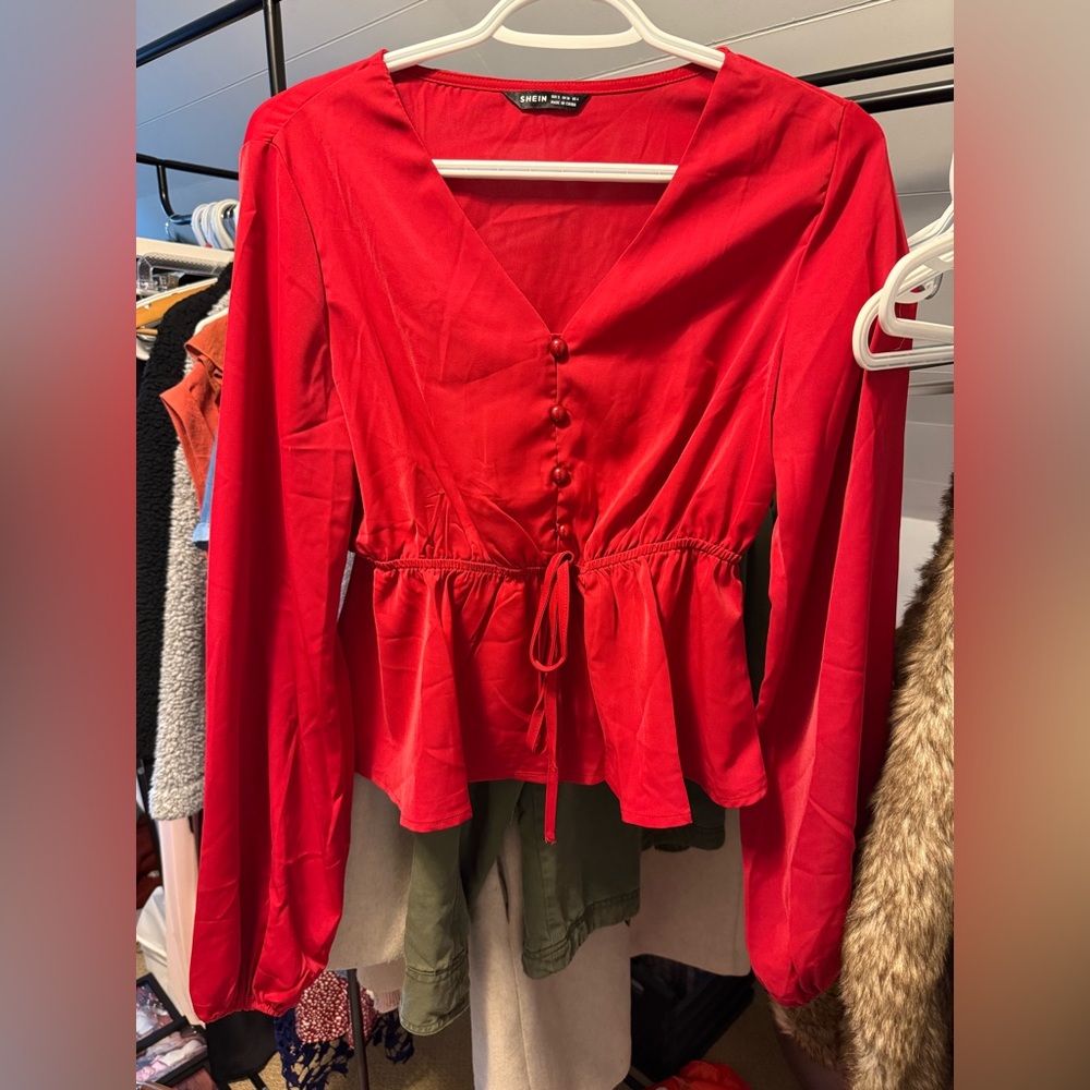 SHEIN Red Long Sleeve Tie Front Peplum Blouse